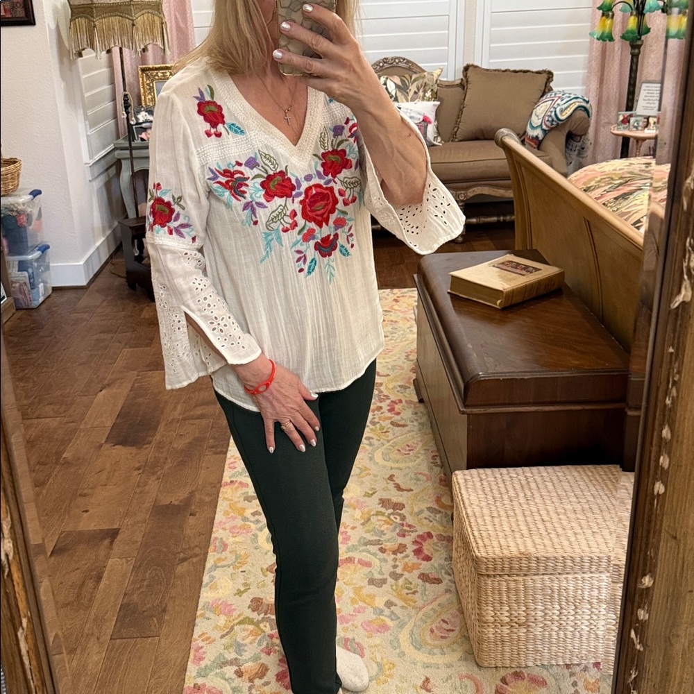 Sharon Young white Blouse with Red Floral Embroidery